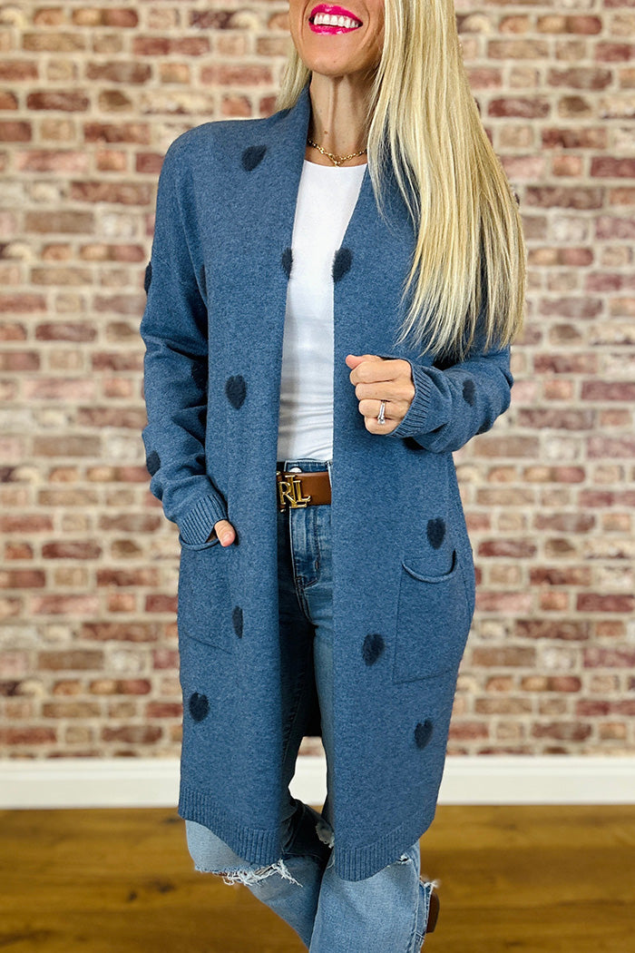 Fluffy Heart Front Pockets Knit Long Cardigan