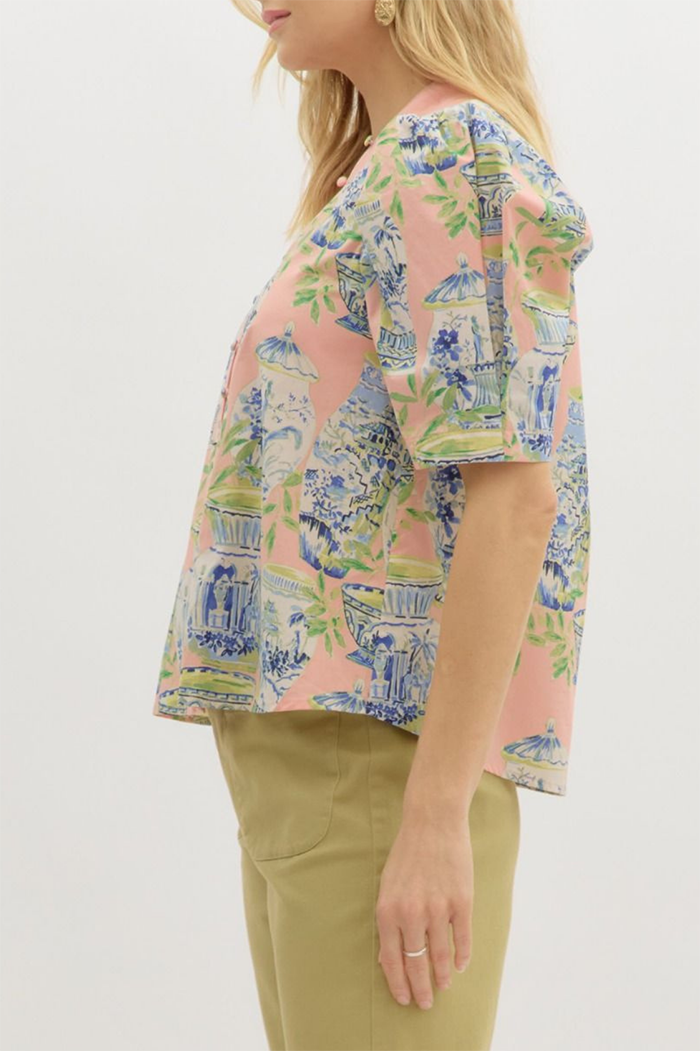 Porcelain Print Puff Sleeve Button Top