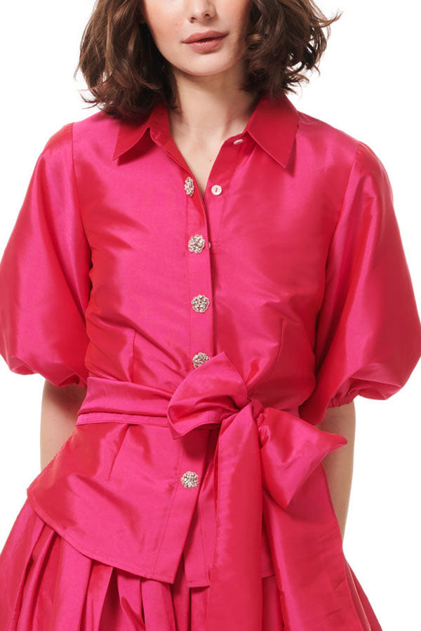 Puff Sleeve Floral Medallion Buttons Blouse