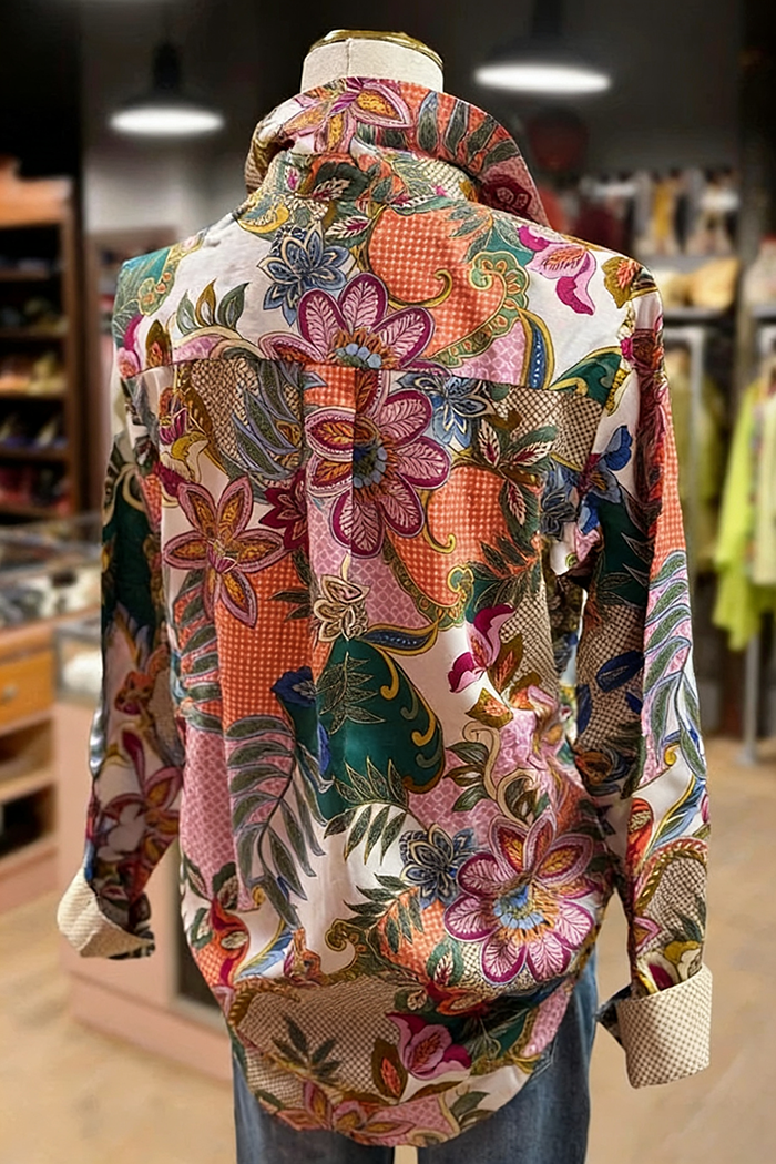 Multi Floral Print Collared Long Sleeve Top