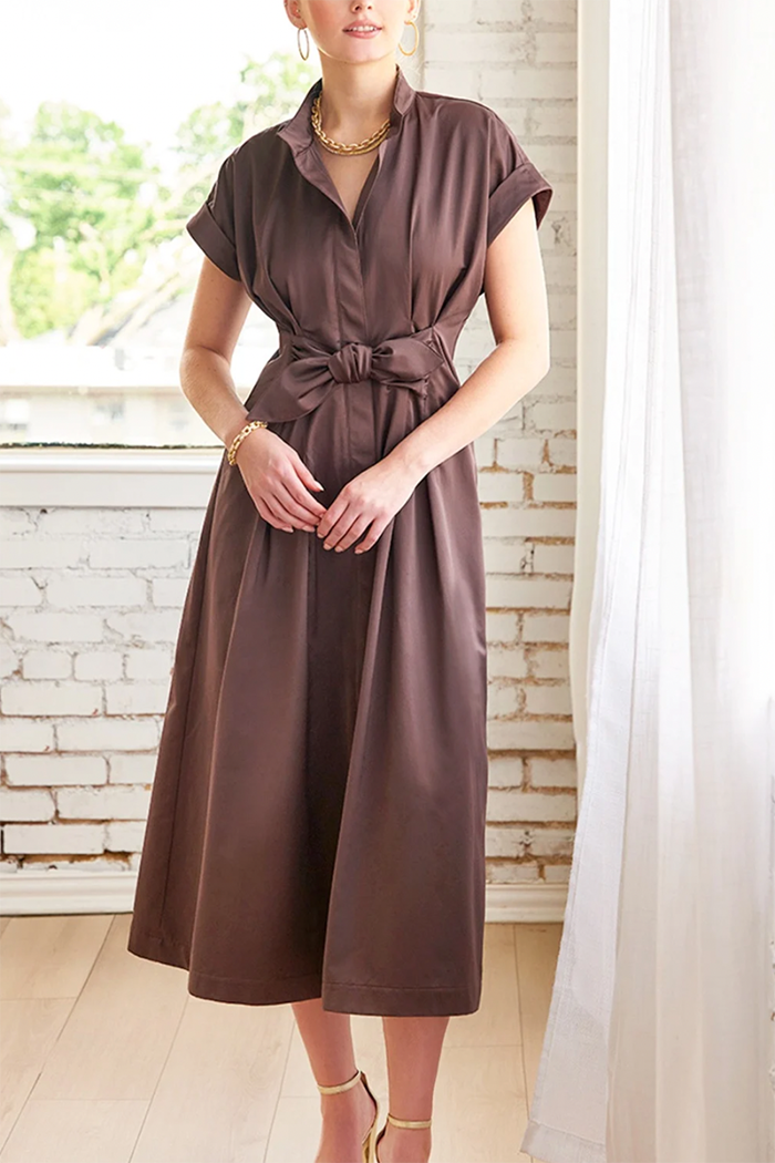 Shirt Collar Bow-Belted Midi Dress
