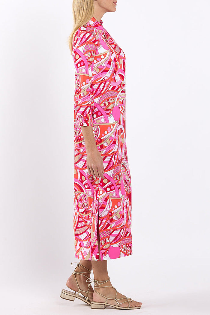 3/4 Sleeve Pink Abstract Midi Dress