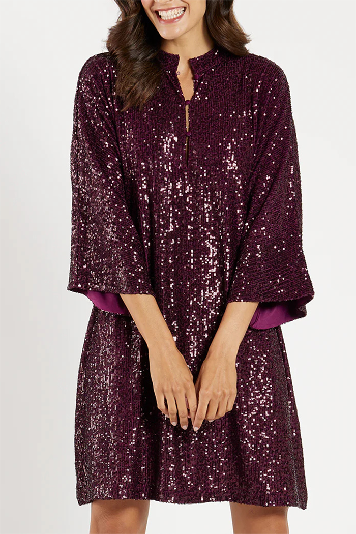 V-Neckline With Buttons Sequins Dress