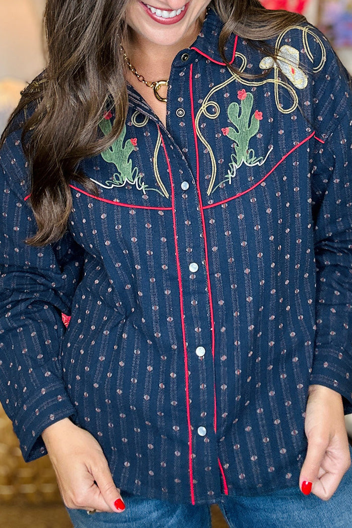Navy Polka Dot Cactus Embroidered Top