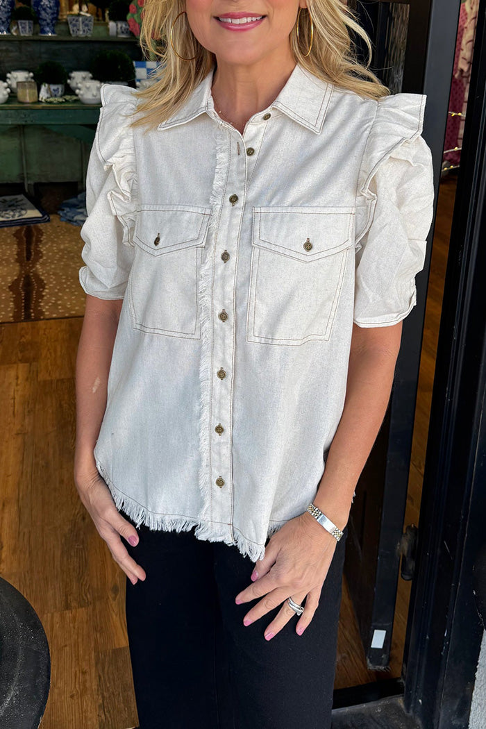 Ruffle Shoulder Pocket Shirt Top