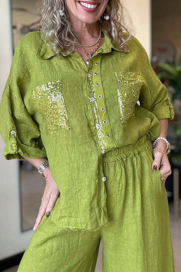 Sequin Pocket Button Down Wide Leg Pants Set