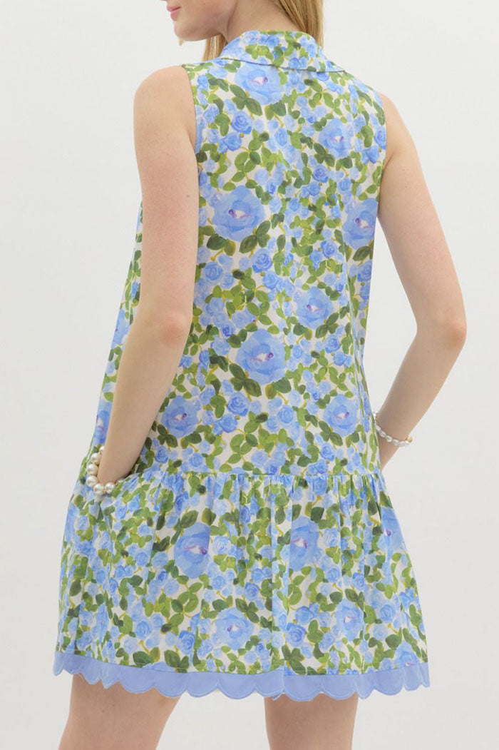 Floral Sleeveless Scallop Hem Pocket Dress