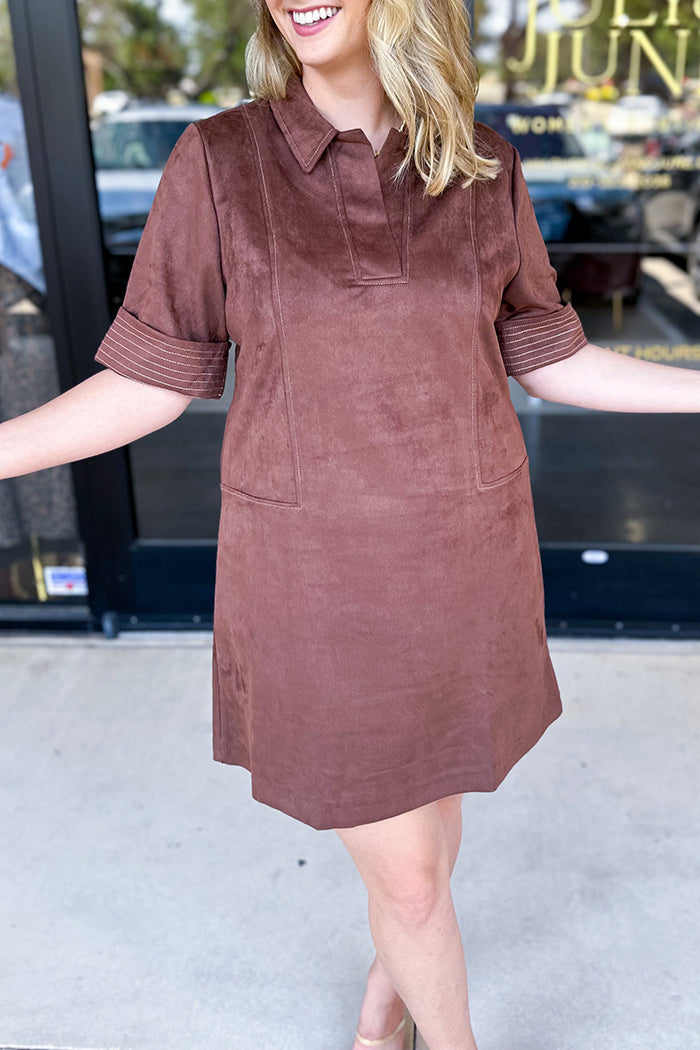 Short Sleeve Collared Suede Dress