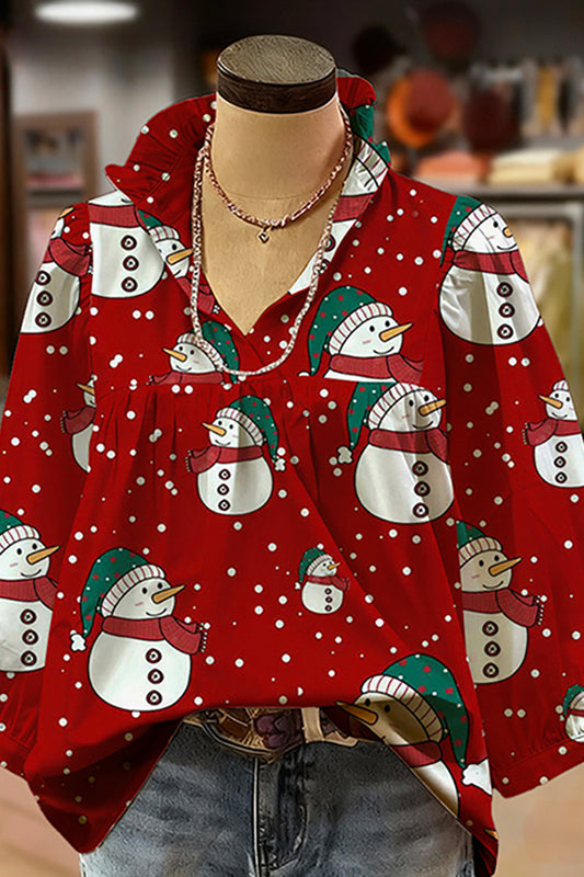 Snowman Print Ruffled V-Neck Puff-Sleeve Blouse
