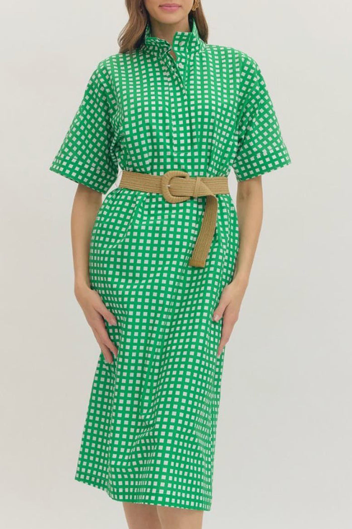 Check Print Short Sleeve Pocket Midi Dress