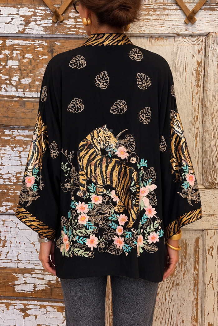 Tiger Floral Print Pocket Kimono