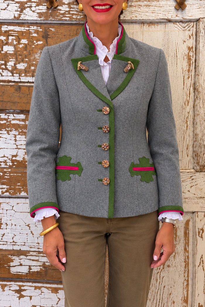 Grey Contrast Trim Wool Jacket