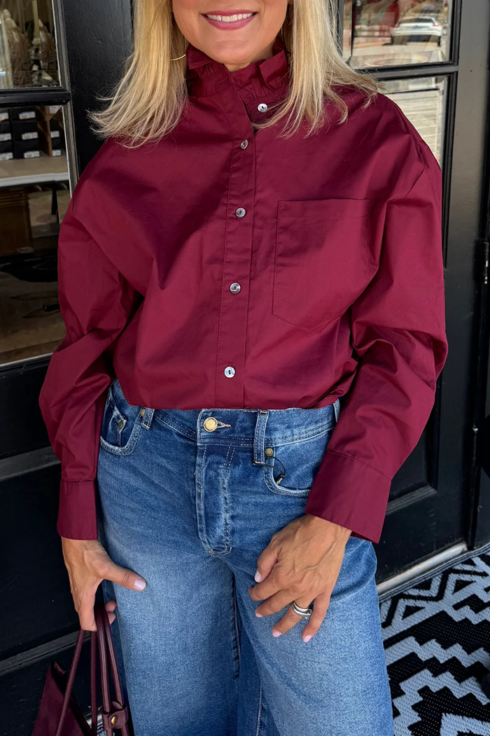 Ruffle Collar Button Front Long Sleeve Top