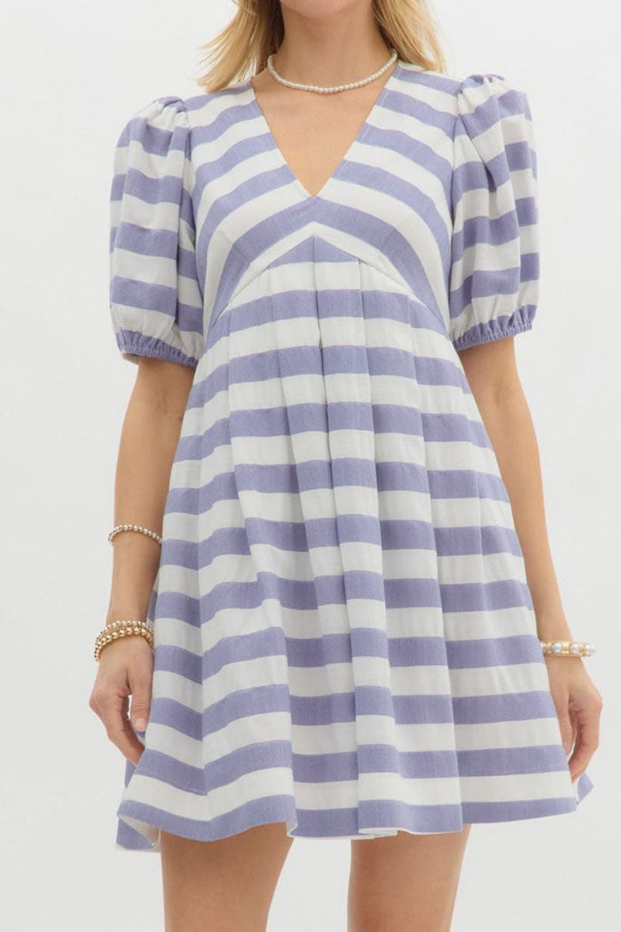 Striped Puff Sleeve Pocket Dress