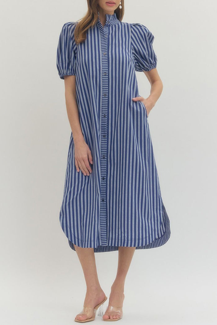 Striped Ruffle Neck Pocket Maxi Dress