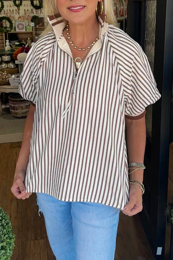 Casual Striped Half-Zipper Top