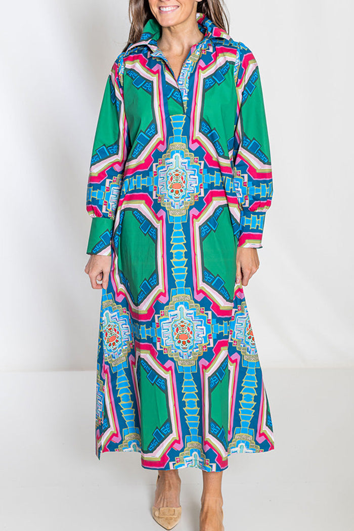 Geometric Print Collared Long Balloon Sleeve Maxi Dress
