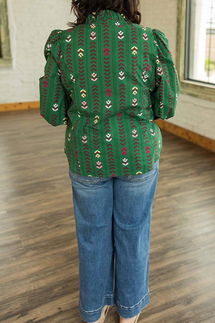 Floral Vine Print Ruffled Smocked Cuff Top