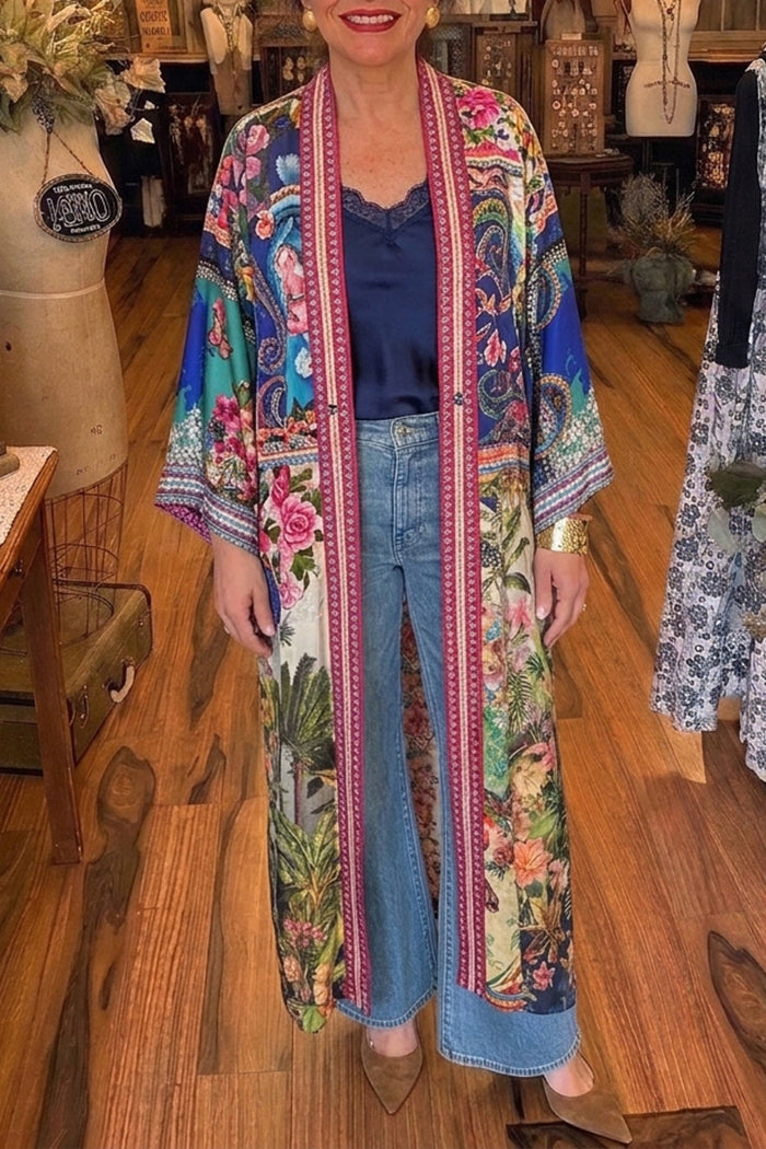 Reversible Patchwork Floral Long Silk Kimono