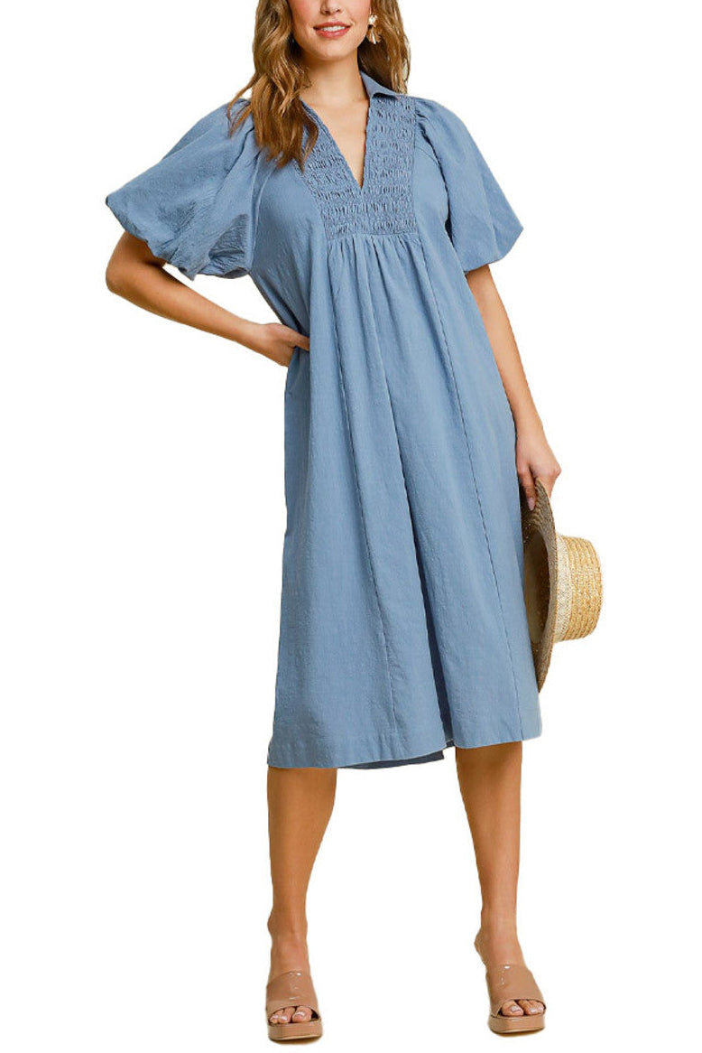 Smocked Front Puff Sleeve Dress