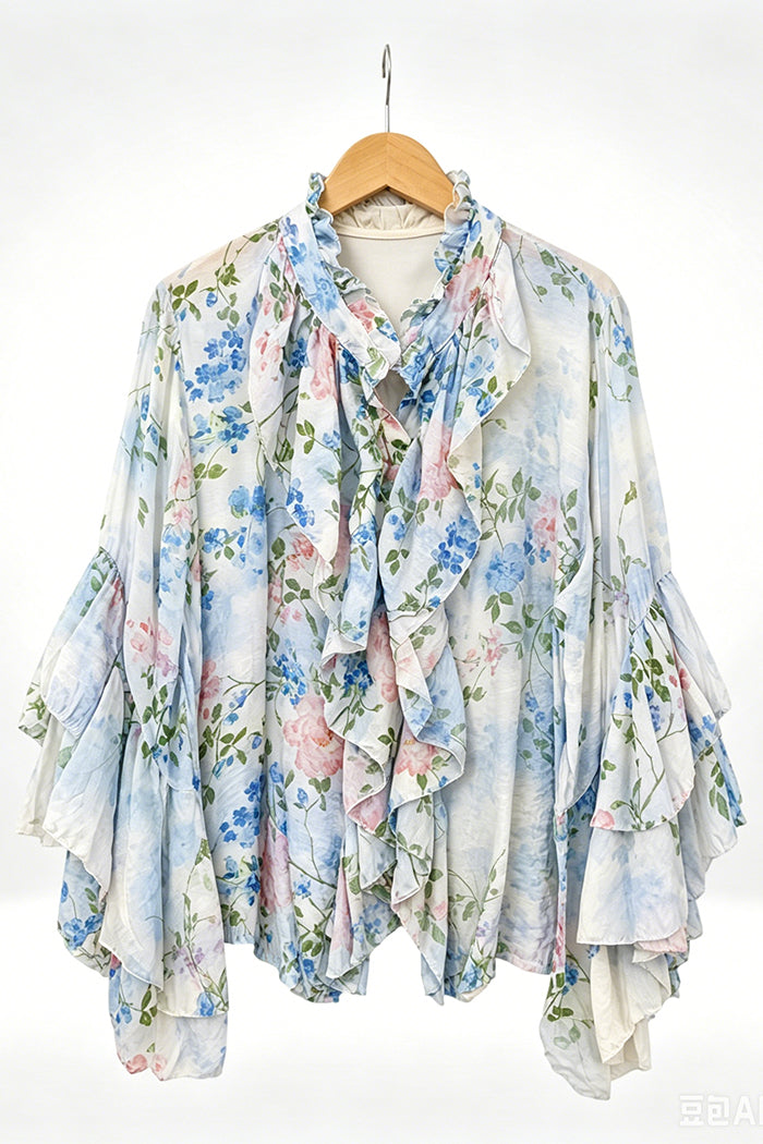 Vintage Floral Ruffle Front Layered Sleeve Top