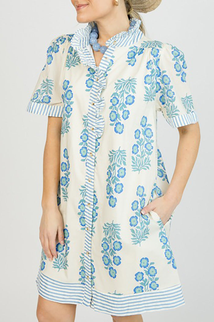 Pocketed Floral Stripe Trim Dress