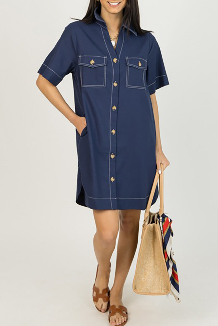 Classic Navy Pocket Button Down Shirt Dress