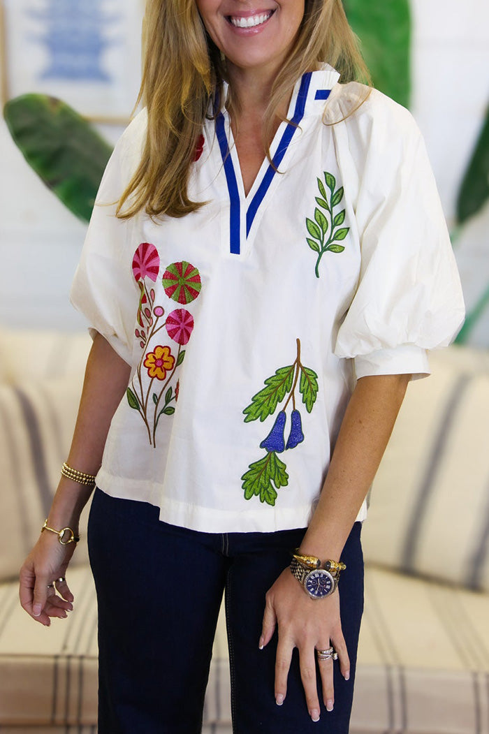 Embroidered Floral V-Neck Top