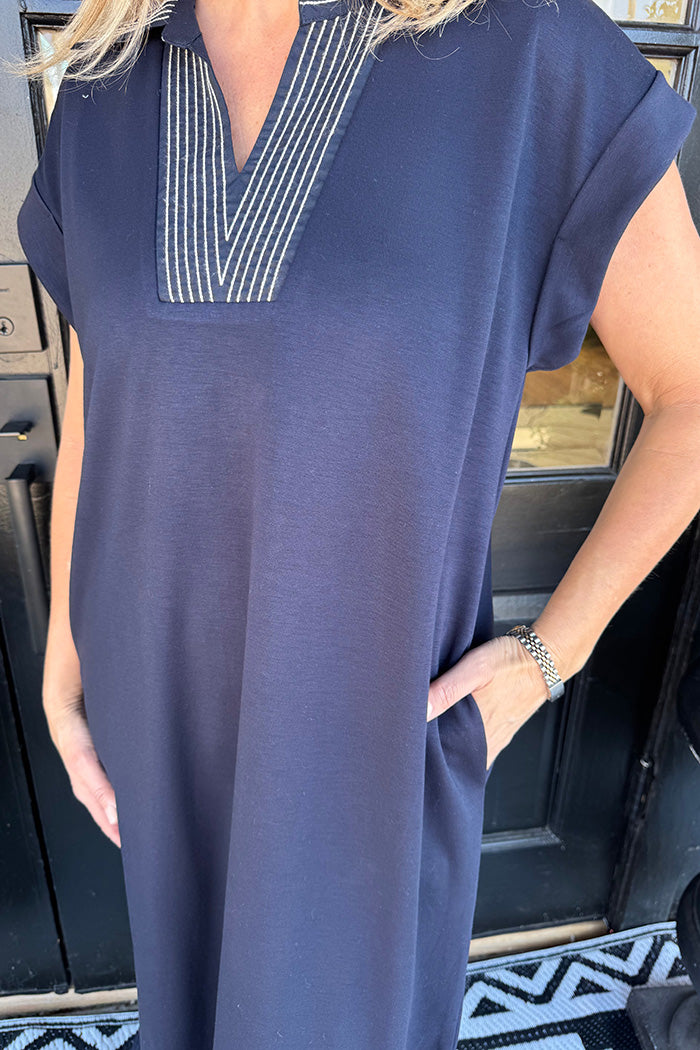 Navy Pocketed Contrast Trim Dress