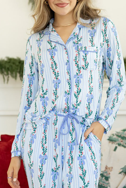 Light Blue Floral Bow Striped Pajama Set