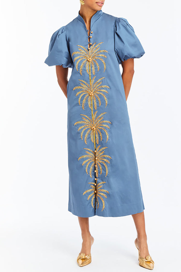 Pocketed Palm Tree Embroidered Midi Dress