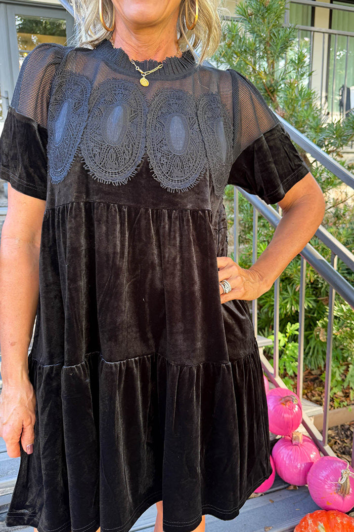 Lace Sheer-Yoke Velvet Shift Dress