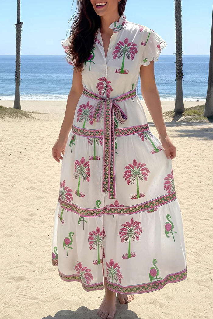 Ruffle Sleeve Printed Tie Waist Maxi Dress