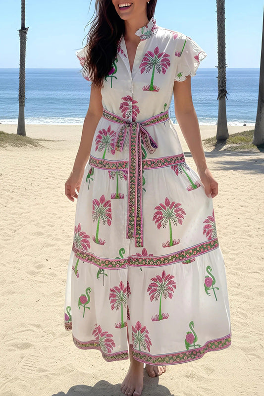 Ruffle Sleeve Printed Tie Waist Maxi Dress