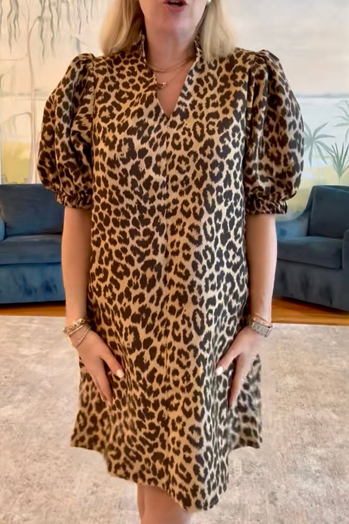 Leopard Print Puff Sleeve Pockets Dress