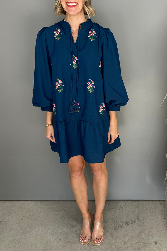 Navy Blue Floral Embroidered Puff-Sleeve Tiered Mini Dress