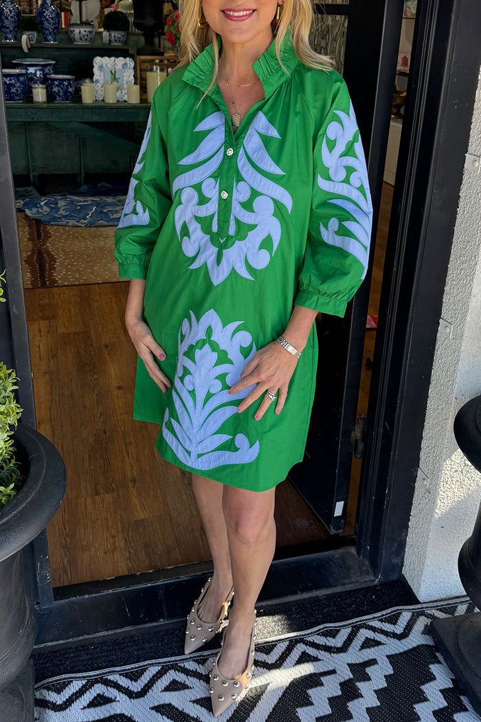 Contrast Print Half Placket 3/4 Sleeve Pocketed Dress