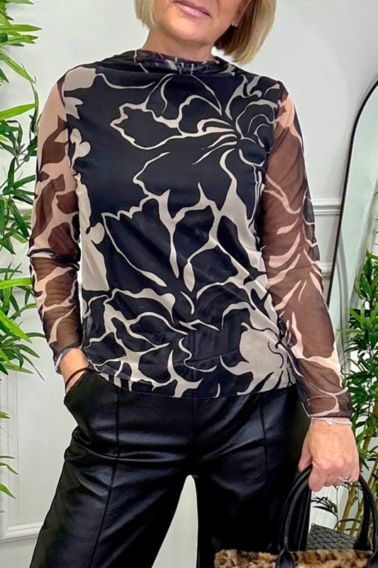 Long Sleeve Patterned Mesh Top