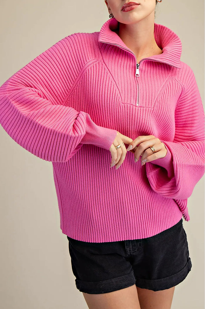 Casual Front Zip Neck Sweater