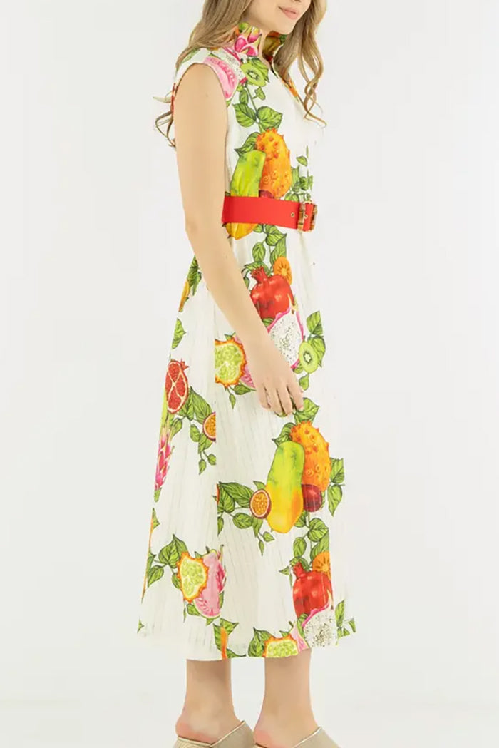 Sleeveless Fruit Print Belted Dress