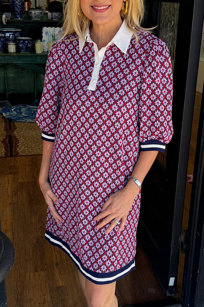 Contrast Trim 3/4 Sleeve Geo Print Dress