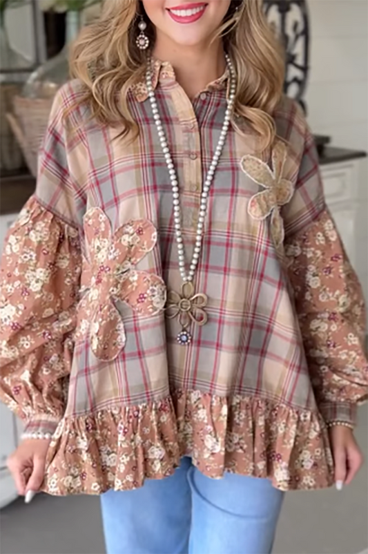 Oversized Plaid Floral Patchwork Puff Sleeve Top