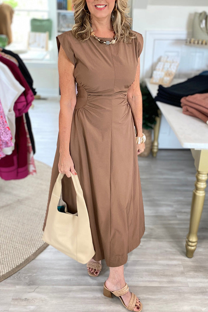 Ruched Waist Cap Sleeve Midi Dress