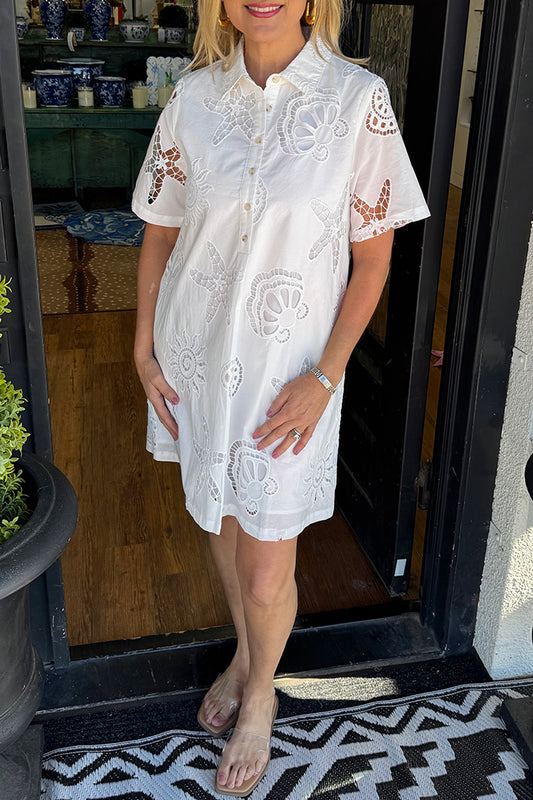 Seashell Eyelet Collared Pocketed Dress