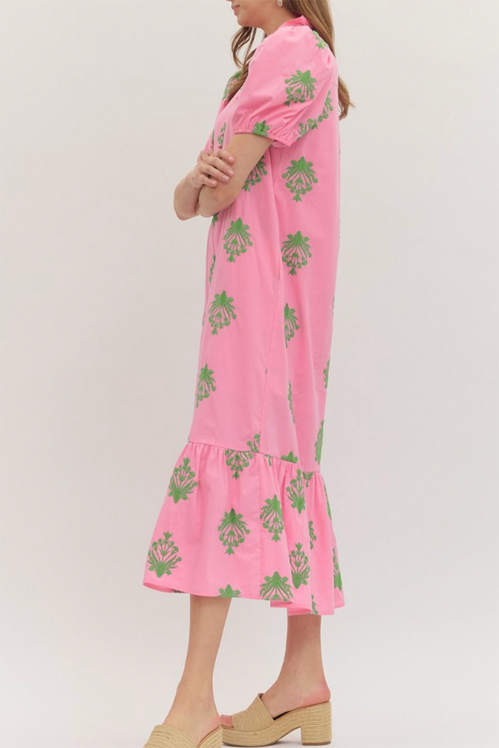 Ruffle Neck Short Puff Sleeve Pocket Midi Dress