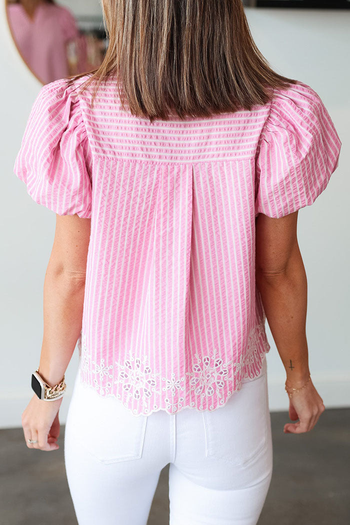 Striped Eyelet Detail Puff Sleeve Top