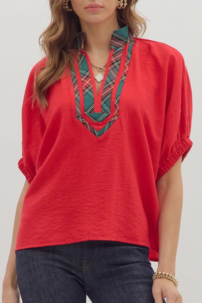 Plaid Layered Collar Dolman-Sleeve Blouse