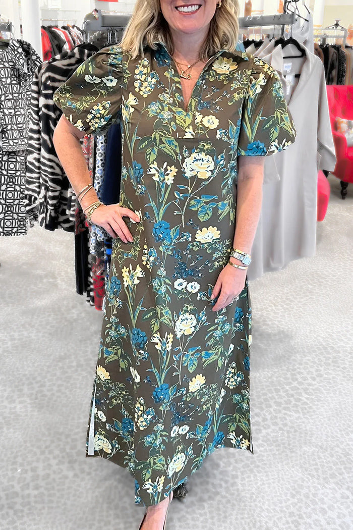 Brown Floral Puff Sleeve Maxi Dress