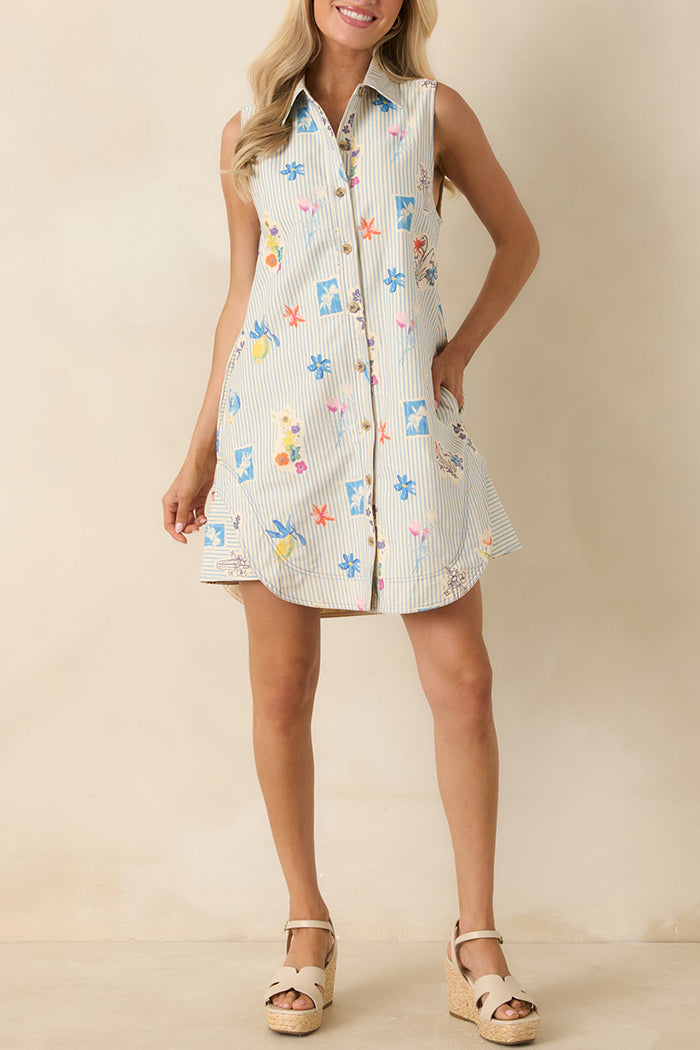 Blue Multi Floral Stripe Pocket Dress