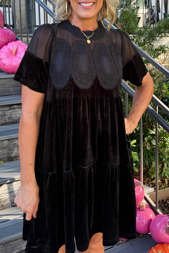 Lace Sheer-Yoke Velvet Shift Dress